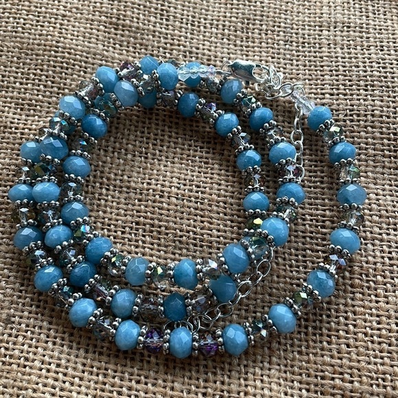 Necklace polished ocean blue aquamarine Silver & Crystal spacers Adjustable - Picture 8 of 13